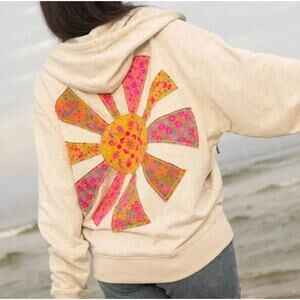 Natural Life Applique Zip Up Hoodie Womens SM Cream Sunshine